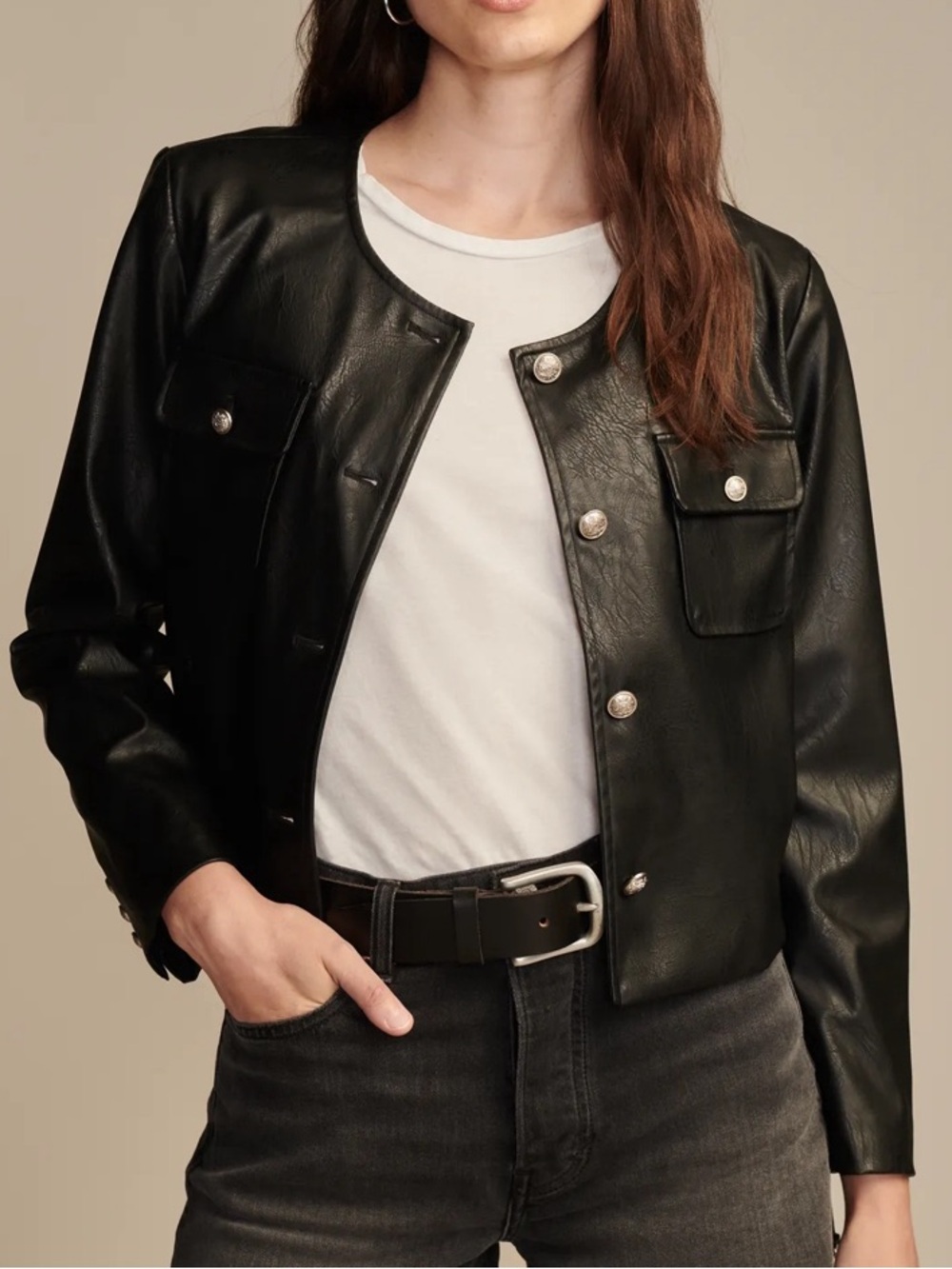 Lucky Brand Black Leather-Look Collarless Moto Jacket Size L
